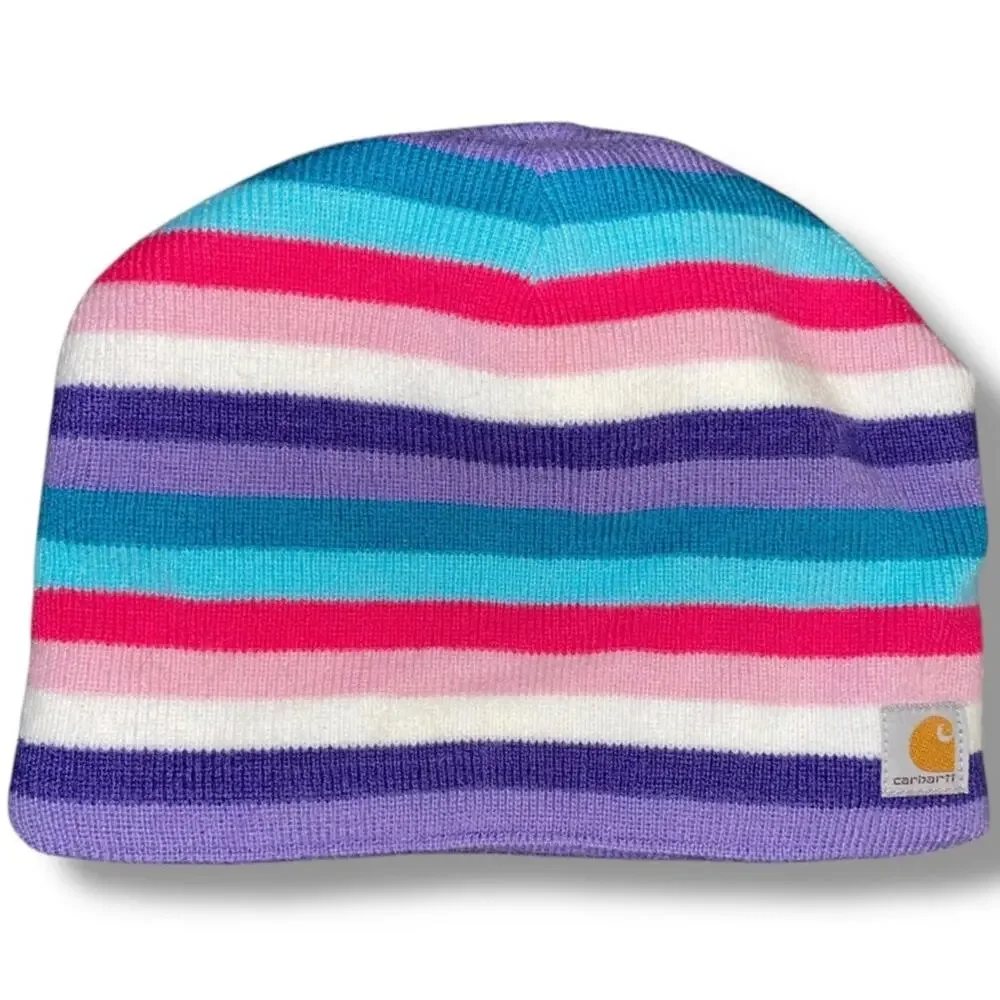 Carhartt Kids Youth Beanie Hat Striped Pink Purple Fleece Lined Winter CB8966